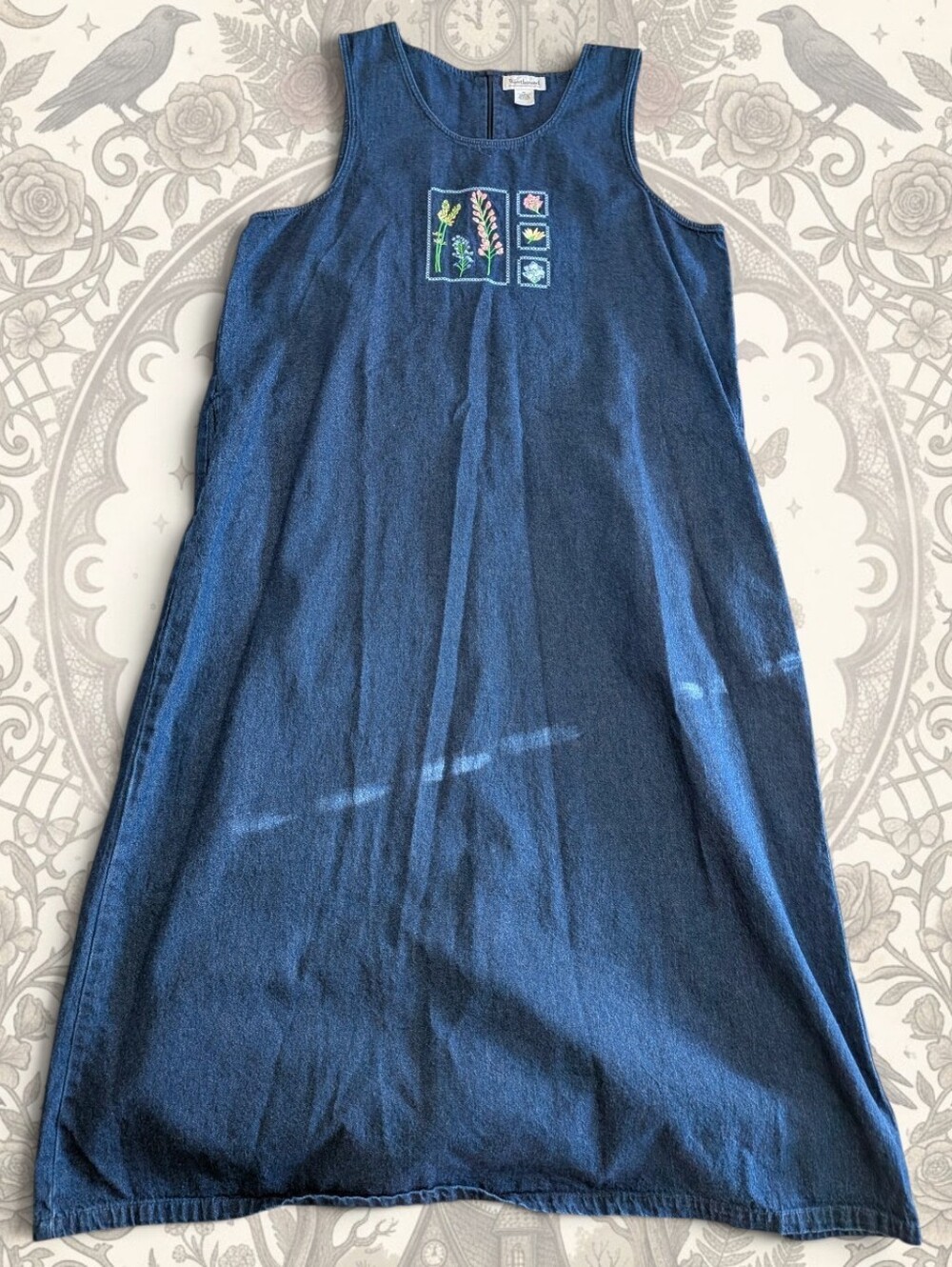 Cottagecore Vintage 90s Embroidered Denim Maxi Jumper Dress XL Westbound